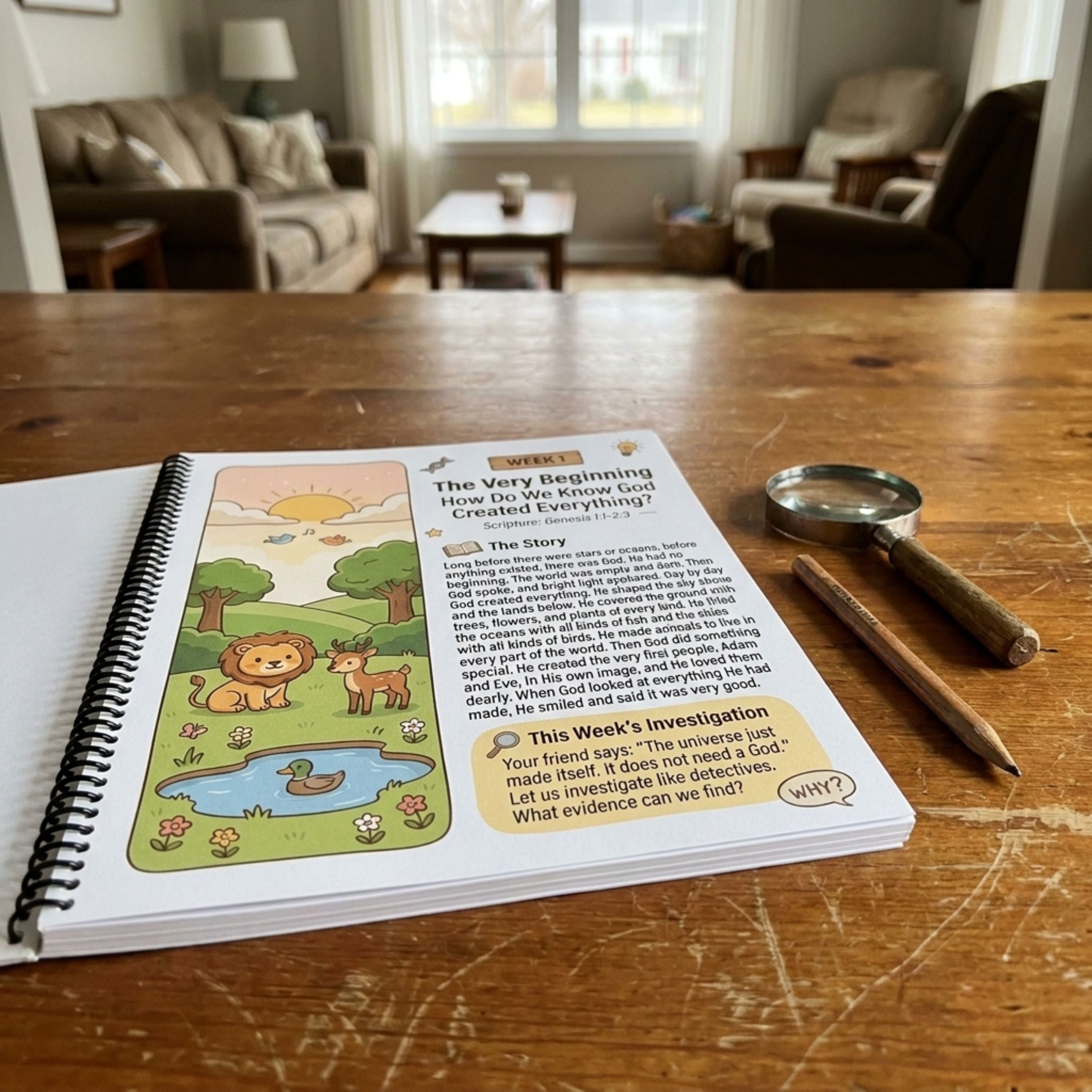 Week 1, The Very Beginning, open on the table with the skeptic's challenge: the universe just made itself
