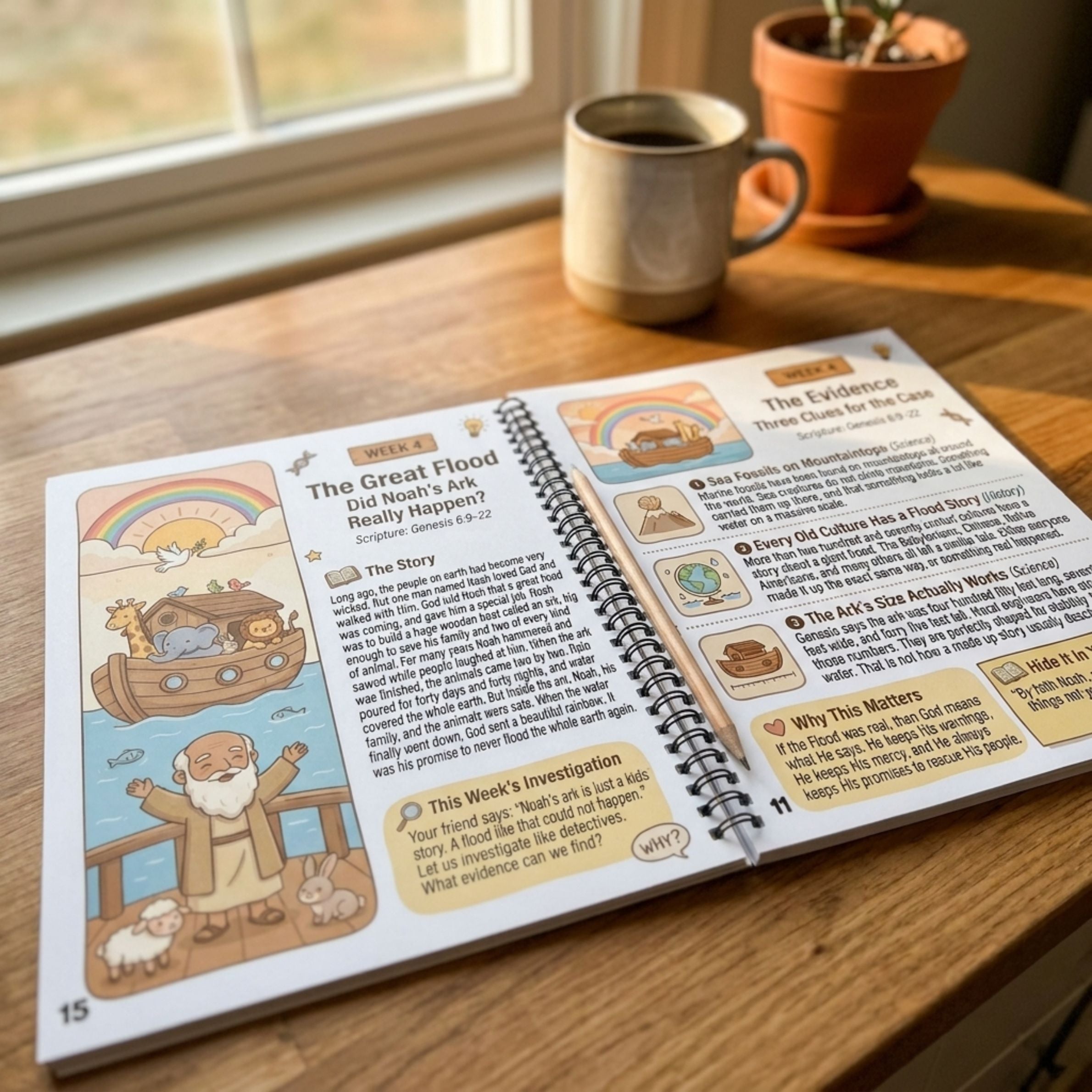 A full case spread with the story, tagged evidence clues, and the memory verse box